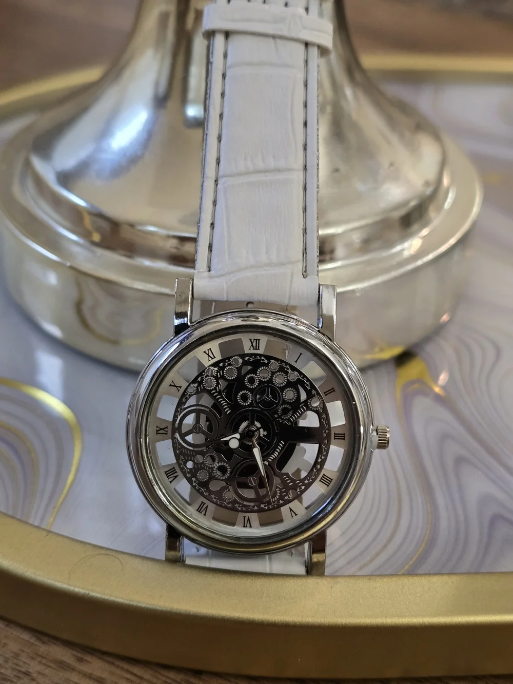 White Strap Silver-Tone Skeleton Mechanical Watch